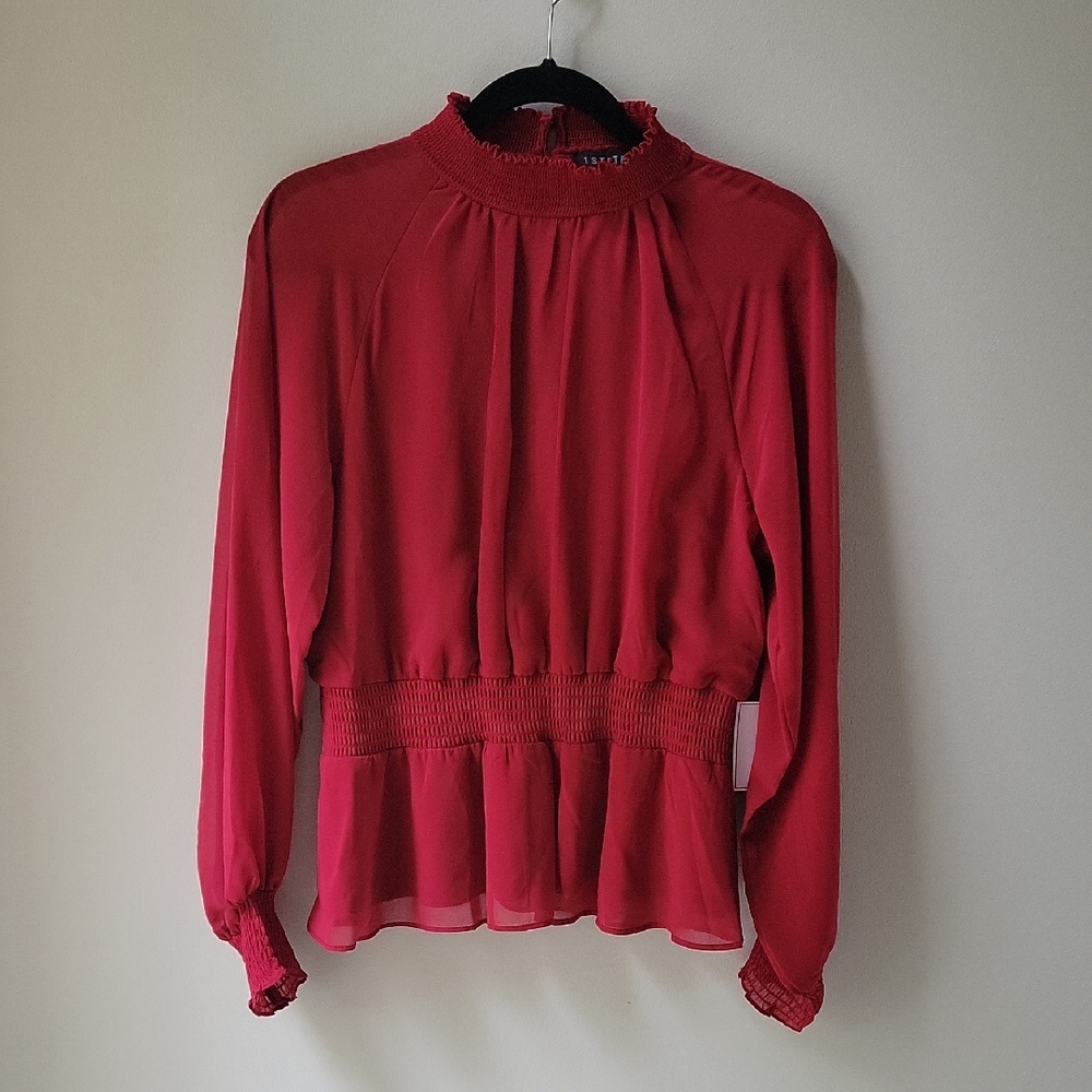 1. State NWT Red Smocked Semi Sheer Blouse Red Women Sz‎ L  Holiday Cocktail